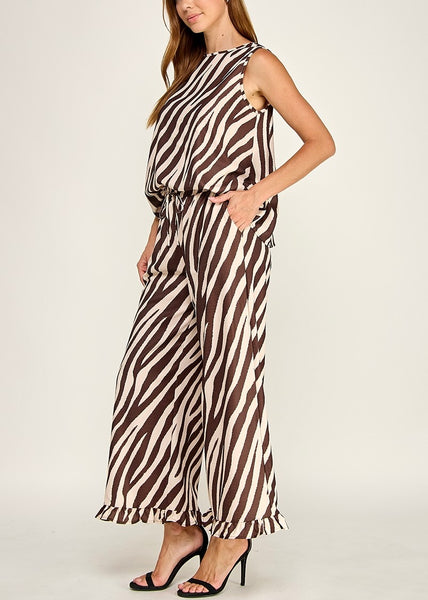 Zebra Satin Pant Set / Brown & Cream