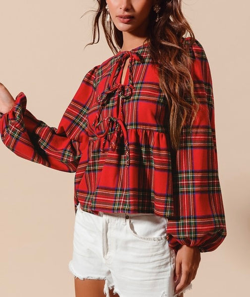 Christmas plaid front tie flannel top / red