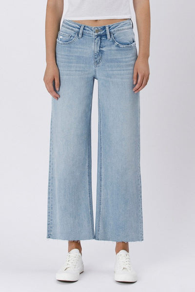raw hem wide leg crop jean / light wash