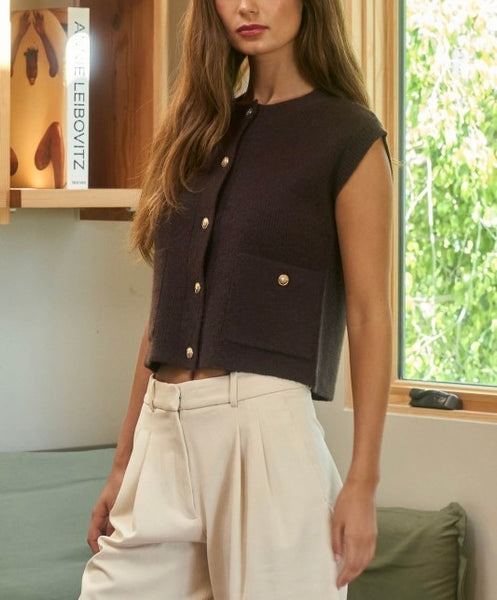 gold button knit vest / black