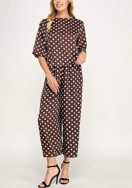 Polka Dot Satin Pant Set / Chocolate
