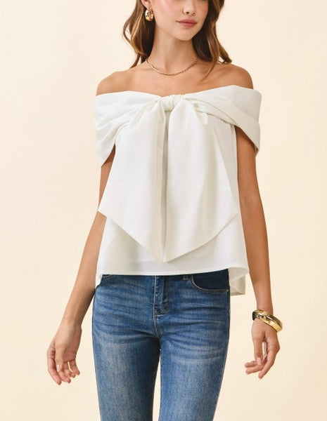 bow off shoulder top / white