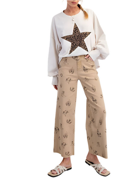 western print washed denim pant / tan