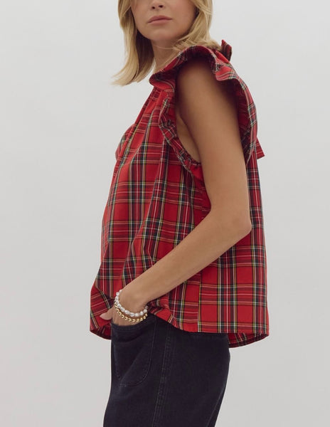 Christmas plaid ruffle sleeve top