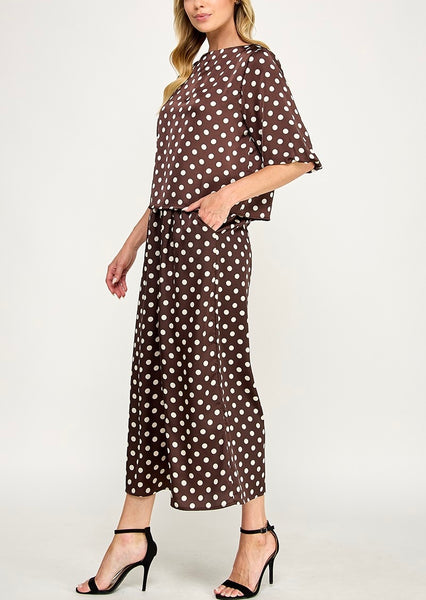 Polka Dot Satin Pant Set / Chocolate