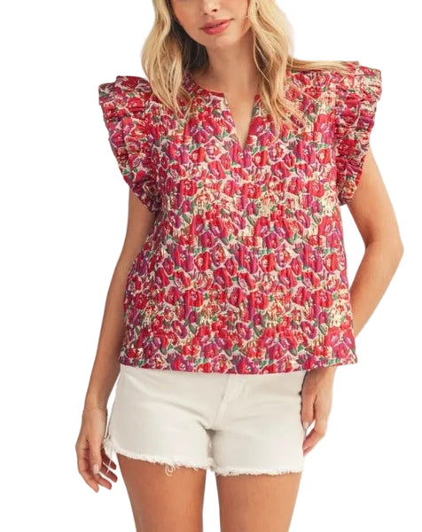 jacquard ruffle sleeve top / berry mix