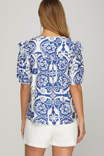Lexi puff sleeve printed top / blue
