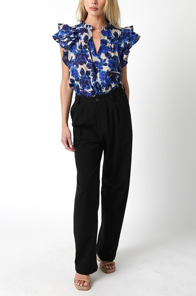 OLIVACEOUS Bianca ruffle sleeve top / blue