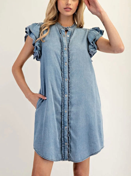 Savannah Ruffle Sleeve Denim Dress