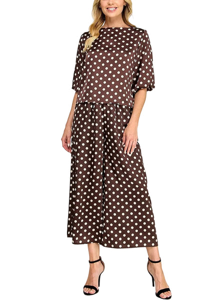 Polka Dot Satin Pant Set / Chocolate