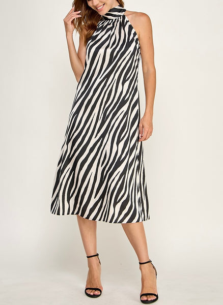 Zebra Satin Midi Dress / Black & White