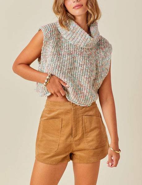 cropped turtleneck sleeveless sweater // cream multi