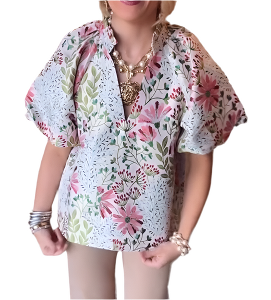 THML puff sleeve floral top / cream