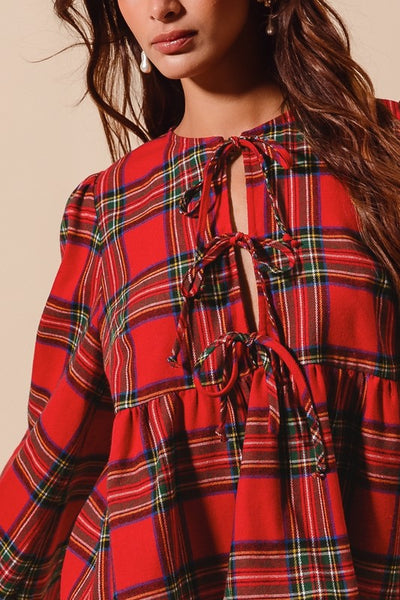 Christmas plaid front tie flannel top / red