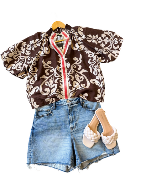 THML puff sleeve top / brown