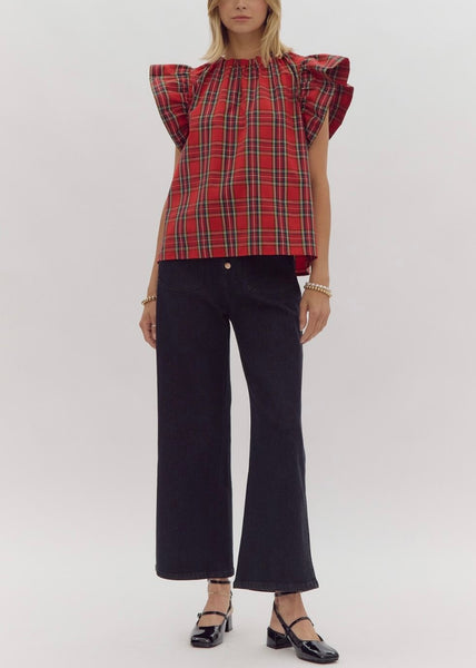 Christmas plaid ruffle sleeve top