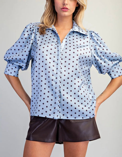 Satin Dot Top / Baby Blue & Brown