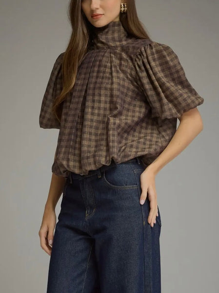 Gingham Puff Sleeve Top / Brown