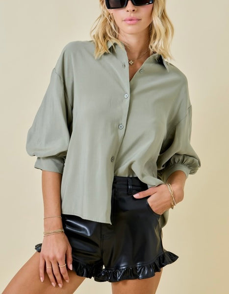puff sleeve button up top / Lt. olive