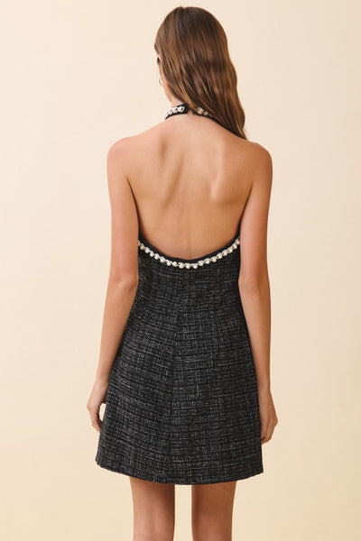 tweed pearl embellished halter dress / black