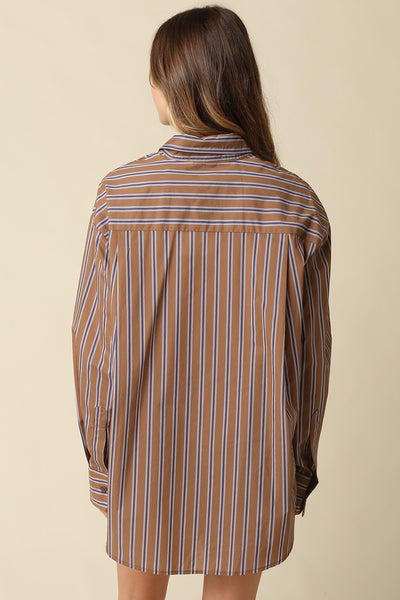 Jolie Stripe Oversized Button Up Shirt / Brown & Blue