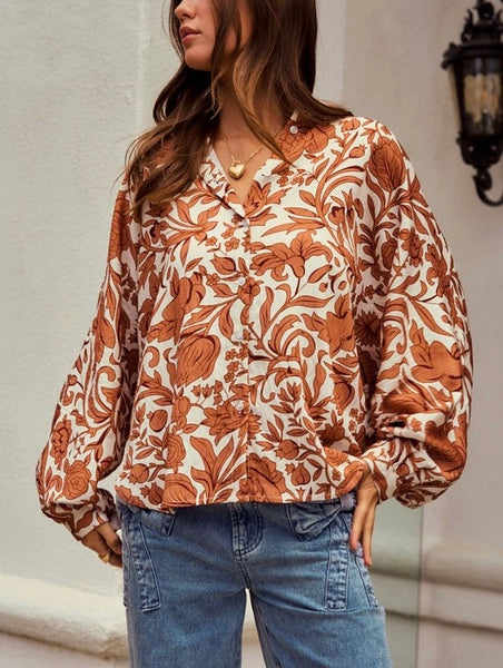 Tuscan vines button up top  / cream & rust