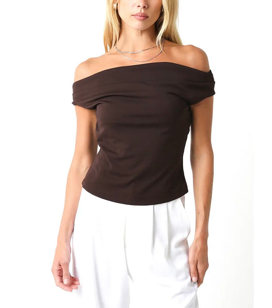 Macey Off Shoulder Top- Brown