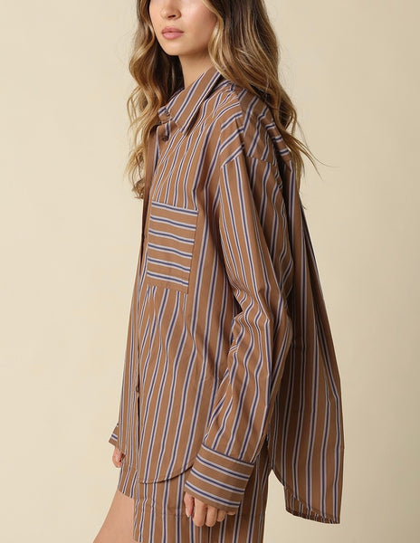 Jolie Stripe Oversized Button Up Shirt / Brown & Blue