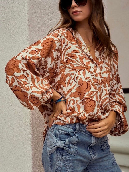 Tuscan vines button up top  / cream & rust