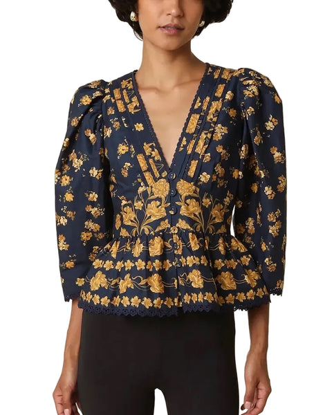 Arya Floral Puff Sleeve Top / Navy & Gold