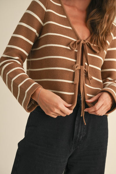 striped tie front cardigan / mocha