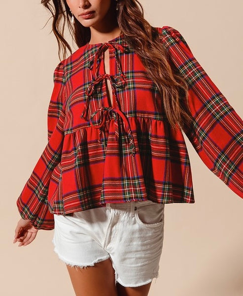 Christmas plaid front tie flannel top / red