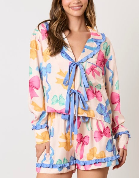 ribbon print satin pj set