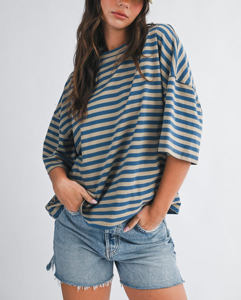 oversized stripe boyfriend tee / lt taupe & blue