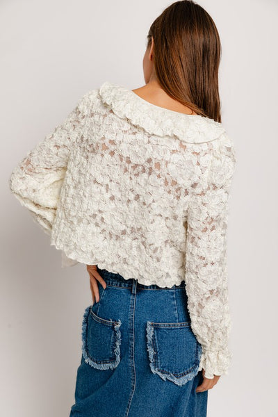 Lacey ruffle tie front top / ivory