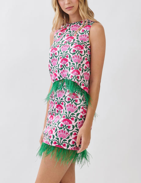 Palm Royale feather trim skirt set / hot pink & green