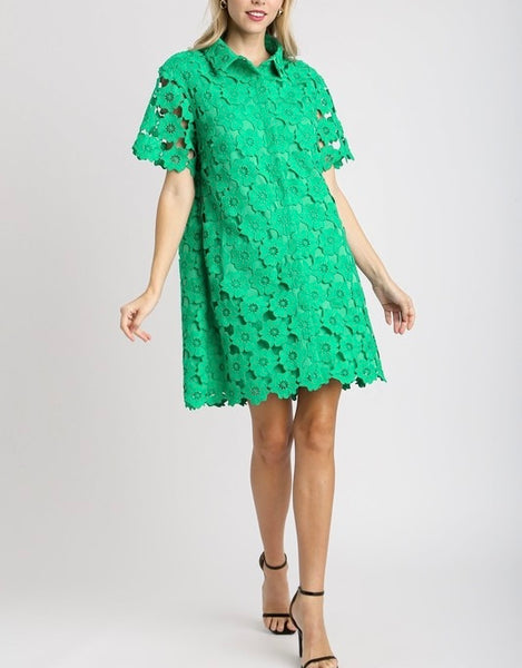 floral cut out lace shirt dress // emerald green