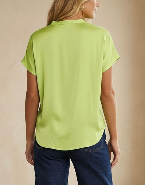 satin split neck top / lime