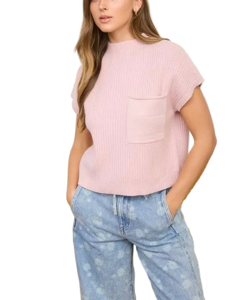 mock neck short sleeve sweater / pink