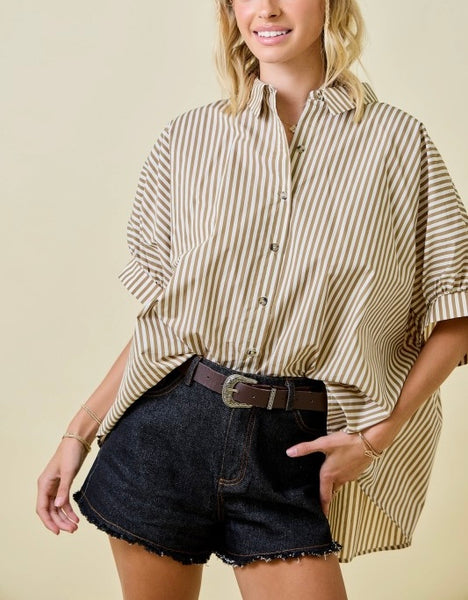 striped oversized button up top / brown