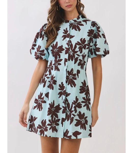 Floral puff sleeve dress / blue & chocolate