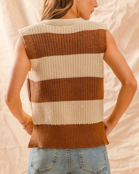 stripe v-neck sweater vest / coffee & cream