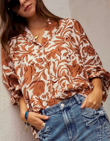 Tuscan vines button up top  / cream & rust