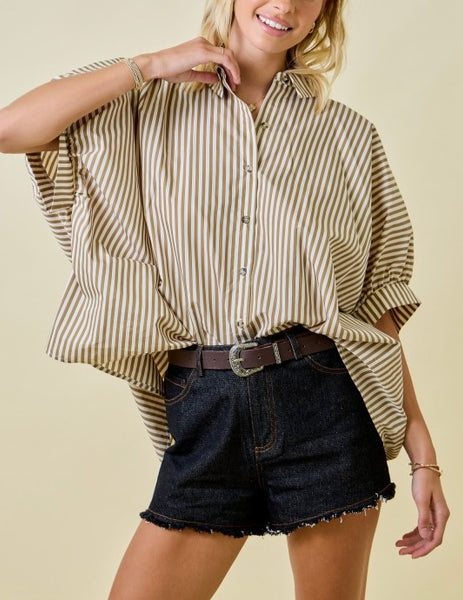 striped oversized button up top / brown