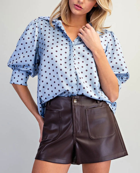 Satin Dot Top / Baby Blue & Brown
