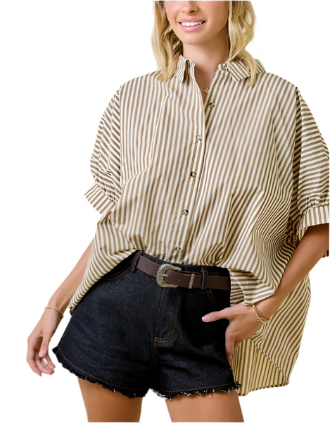 striped oversized button up top / brown