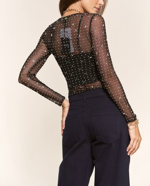 mesh jeweled long sleeve top // black