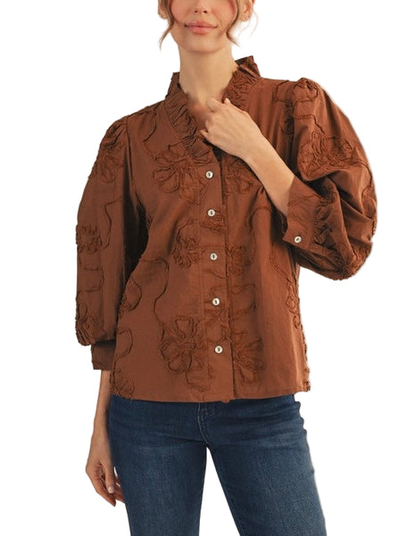 floral appliqué button up top / brown