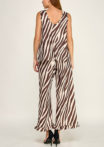 Zebra Satin Pant Set / Brown & Cream