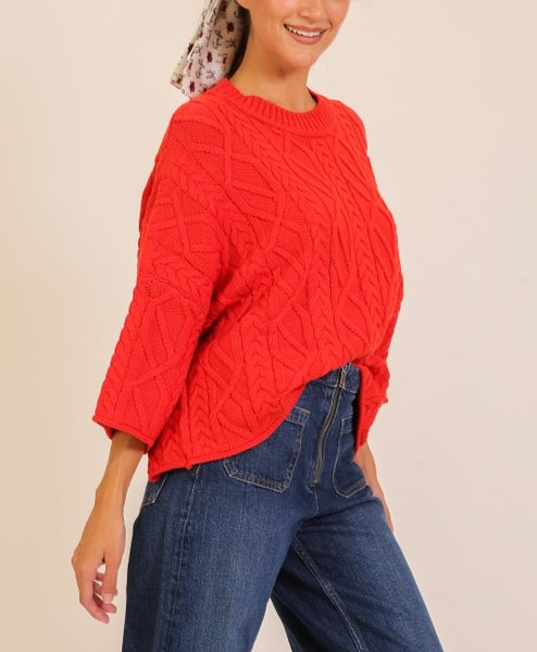 Kinslee 3/4 sleeve cable sweater / red